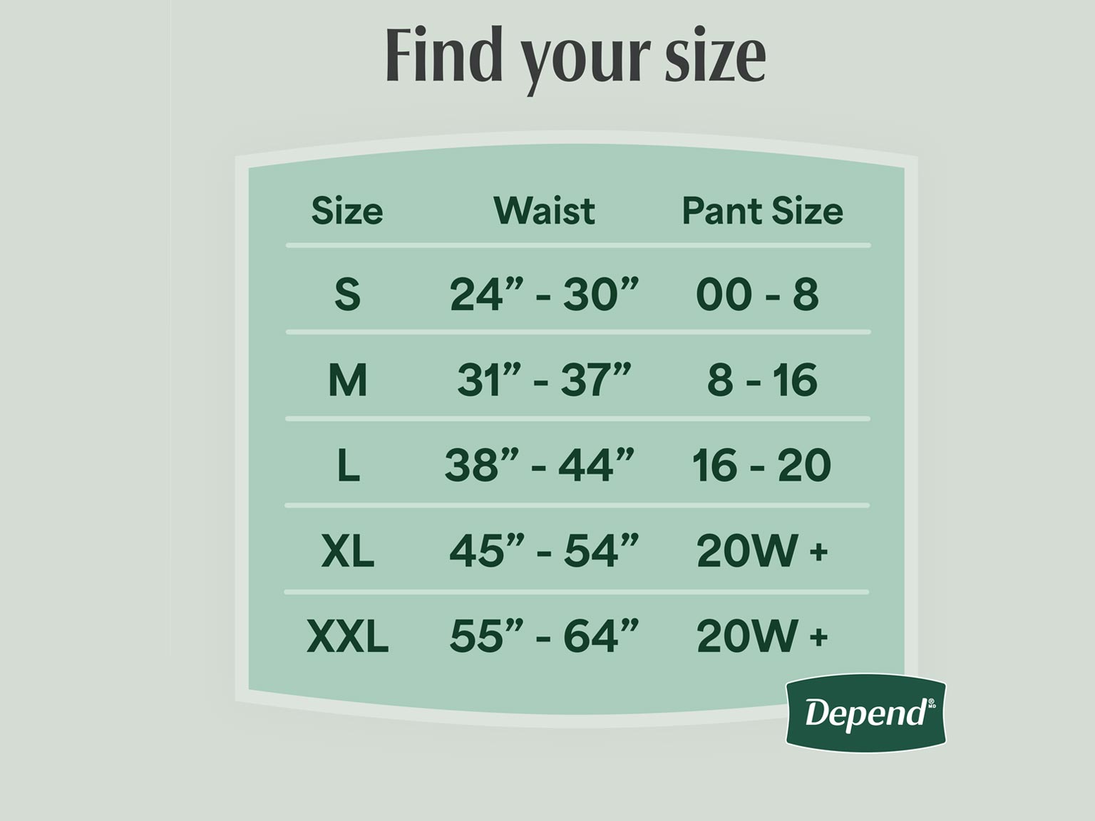 Find your size for the  Depend® Fresh Protection® Incontinence Underwear for Women