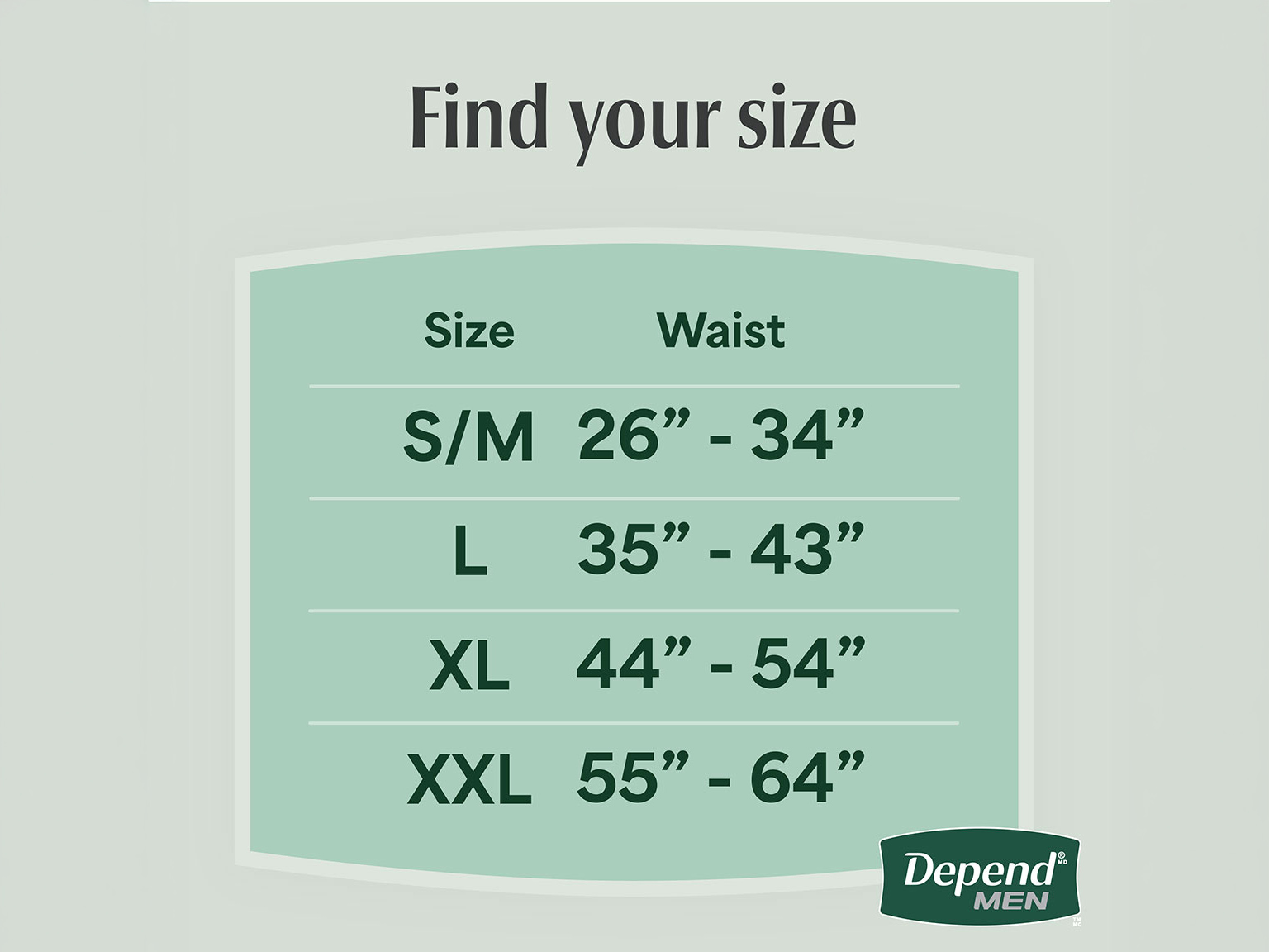 Find your size for the Depend® Fresh Protection® Incontinence Underwear for Men