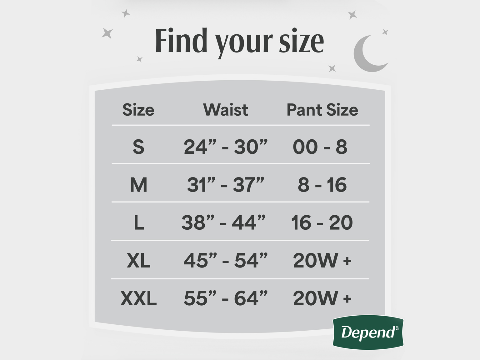 Find your size of Depend® Night Defense® Incontinence Underwear for Women