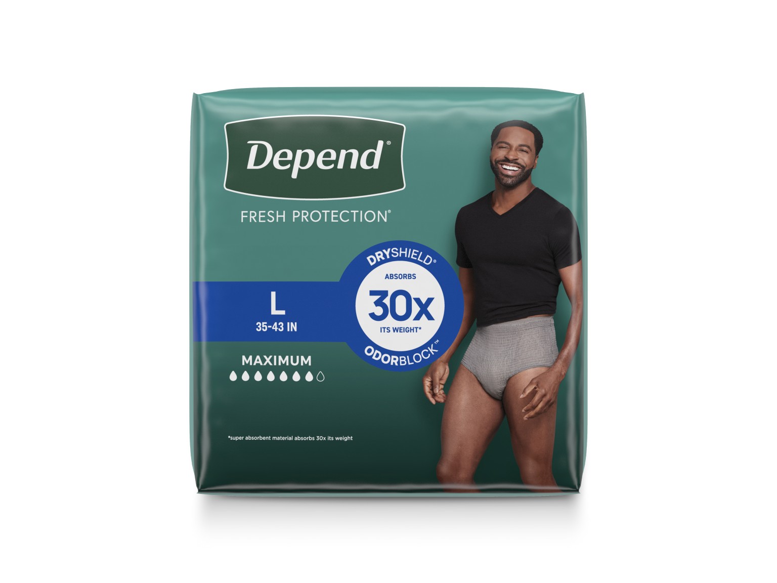 Depend® Incontinence Fresh Protection™ Plus+ Underwear for Men Feature: Ultimate absorbency for up to 100% leak free protection